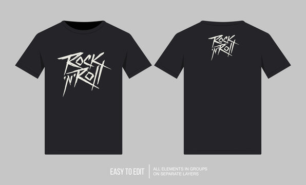 Vector black t-shirt mockup with rock n roll print design. Front and back tshirt isolated from grey