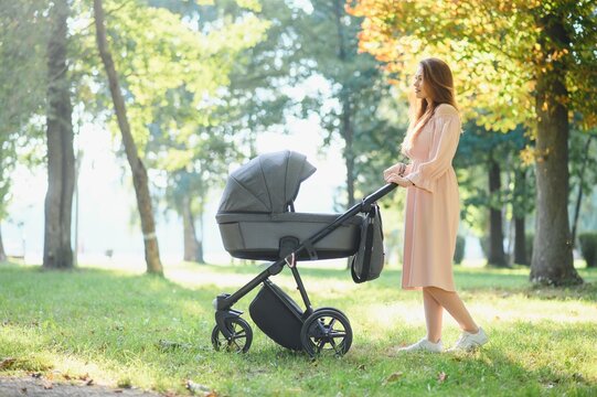 Mother with baby carriage in the park
