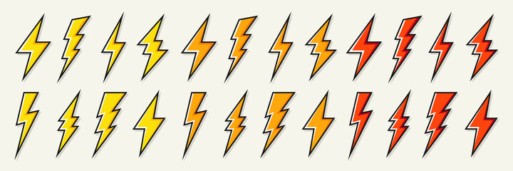 Yellow lightning bolt icons collection. Flash symbol, thunderbolt. Simple lightning strike sign. Vector illustration.