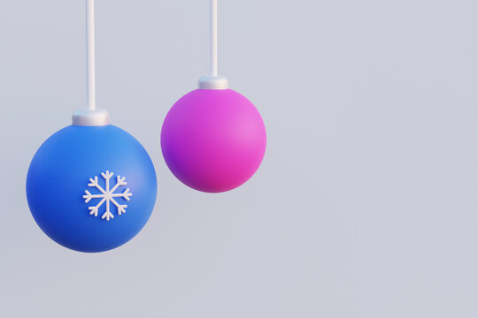 pink and blue christmas balls with snowflake hanging on strings 3d rendering