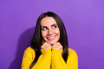 Portrait of gorgeous satisfied lady hands under chin beaming smile look empty space isolated on...