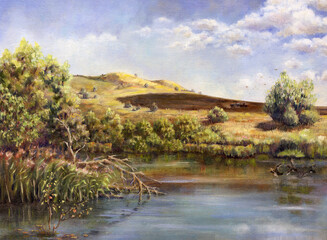 Autumn landscape with a lake, with a plowed field and ducks above the water. Oil painting on canvas.