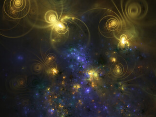 Abstract fractal art background suggestive of bioluminescent insects, such as a swarm of fireflies.