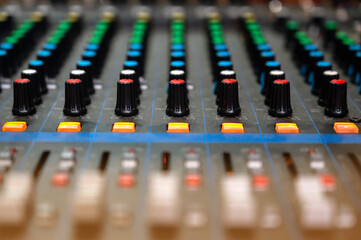Close up Audio sound mixer with amplifier equipment, sound acoustic musical mixing and engineering...