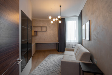 Modern interior. Living room with furniture. Brown colors.