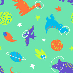 Fototapeta na wymiar Dino travels the galaxy with stars and planets. Seamless pattern of dinosaurs traveling in space. Design for baby products. Flat vector illustration.