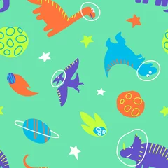 Fototapete Unter dem Meer Dino bereist die Galaxie mit Sternen und Planeten. Nahtloses Muster von Dinosauriern, die im Weltraum reisen. Design für Babyprodukte. Flache Vektorillustration.