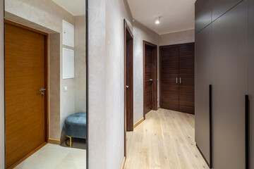 Modern interior of entrance hall. Wooden door. Velvet ottoman.
