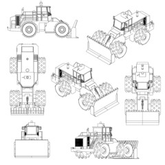 Set with the contours of the bulldozer from black lines Isolated on white background. 3D. Vector illustration