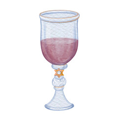 Watercolor Hanukkah wineglass. Hand drawn watercolor glass with wine for Jewish holidays. Isolated on white background. 