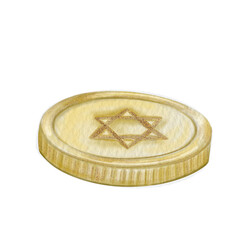 Hanukkah gelt with golden David's star. Hand drawn watercolor gelt for Jewish holidays. Golden David's star decoration. Isolated on white background. Hanukkah.