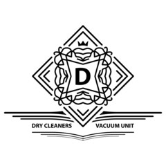 Sample of dry cleaning logo design. Square and rhombus with crown luxury symbol. Monogram template for shop, hair salon, hotel Spa and Premium brand identity. Emblem decor element. Vector illustration