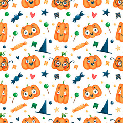 Cute cartoon halloween pumpkin seamless pattern