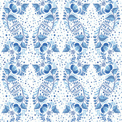 Seamless pattern with blue flowers and polka dots. Background for design in style of traditional porcelain painting Floral minimalis backdrop for fabric wallpaper or wrapping paper