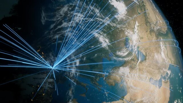 Earth in Space. Blue Lines connect Paris, France with Cities across the World. International Travel or Communication Concept.