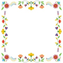 Mexican Otomi, Tenango embroidery style. Square frame. Ethnic floral design. For fiesta invitation, greeting card, banner, flyer.
