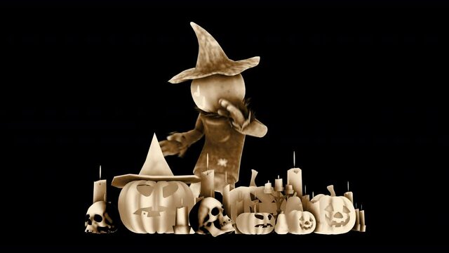 Seamless animation of a dancing scarecrow with candles and Jack O´lantern pumpkins isolated with alpha channel. Funny halloween background with vintage watercolor effect.