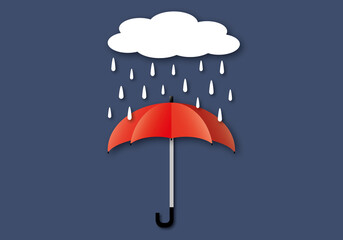 Red umbrella with heavy rain on dark background, Rainy season concept, Space for the text, Paper art design style.