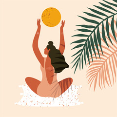 Young girl on the beach with branches of palm trees. Concept female power. Boho style portrait. Hand drawn vector illustration.