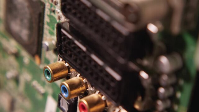 Dusty TV board with different inputs: hdmi, TV input, Scard, usb Electronics Repair Shop. Close-up