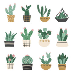 Schattige vector kinderen clipart illustratie in moderne Scandinavische stijl. Geïsoleerde cactus en vetplanten in plantenpotten.