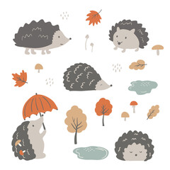 Cute vector kids clipart illustration in modern scandinavian style. Autumn Fall hedgehog animal clipart
