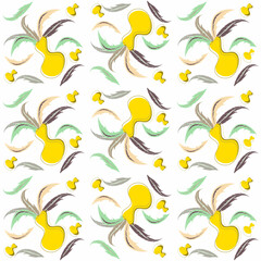 Vase fabric pattern, with feathers, floating, colorful, vector illustration, textile, seamless.