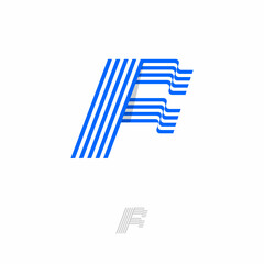 F letter. F monogram. Flag consist of striped ribbons. Forward emblem.