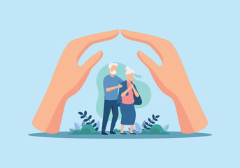 Icons of care and support for elderly people, Medical and health insurance concept for well being of elderly, vector illustration
