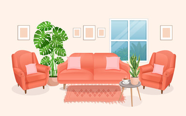 Modern living room interior with furniture and home plants. Design of a cozy room with a sofa, armchairs, plants and decor items. Vector flat style illustration. lounge room.