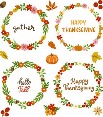 Fall Autumn set of vector hand drawn round frame wreaths, autumn leaves, pumpkin, flower, fall berries clipart. Happy Thanksgiving, gather, hello fall lettering typography 