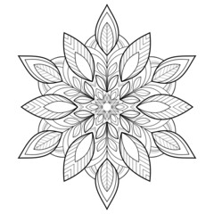 Decorative mandala with floral patterns on a white isolated background. For coloring book pages.