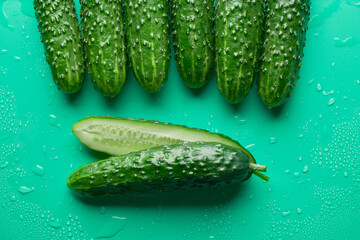 Set of fresh whole and sliced cucumbers on a green background with water drops. Garden cucumber wallpaper backdrop design