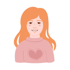 The face of a red-haired girl in suspenders. Vector portrait of a smiling girl in a sweater.