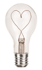 Classic incandescent light bulb with heart made of wire isolated on white background. Love concept with symbol of romance and idea photo