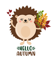 Hello Autumn - Hand drawn vector illustration with cute hedgehog with autumn leaves. Autumn color poster. Good for posters, greeting cards, banners, textiles, gifts, shirts, mugs.