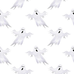 Fototapeta na wymiar Watercolor seamless pattern ghost on the white background. Hand-drawn illustration. Ideal for wrapping paper, textiles, postcard.
