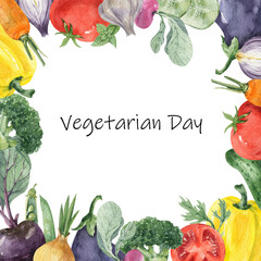 Watercolor frame with various vegetables. Vegetarian Day.