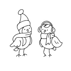 Hand drawn cute birds in doodle style hat and scarf isolated on white background. Funny vector illustration