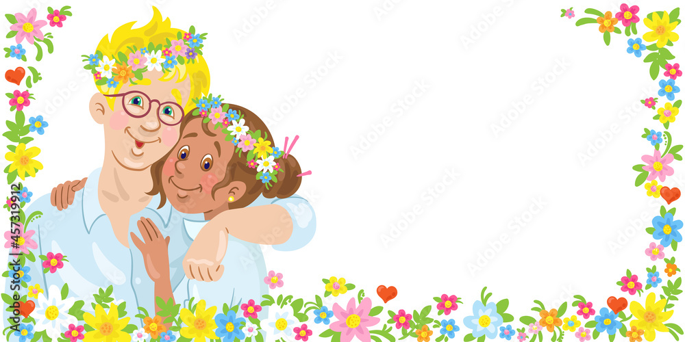 Sticker Young happy couple in flower wreaths. A man and a woman are hugging. Banner in cartoon style. Invitation card for a wedding, anniversary. Place for your text. Isolated on white. Vector illustration.