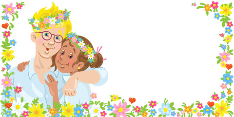 Young happy couple in flower wreaths. A man and a woman are hugging. Banner in cartoon style. Invitation card for a wedding, anniversary. Place for your text. Isolated on white. Vector illustration.