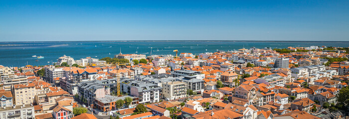 Panorama of Arcachon, with a view on the city center and the Arcachon Bay on a summer day - obrazy, fototapety, plakaty