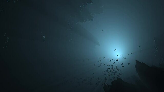 Bats flying in a cave at night
Forming a spiral of ascending bats, you can see the moon in the background, volumetric lights, particles
