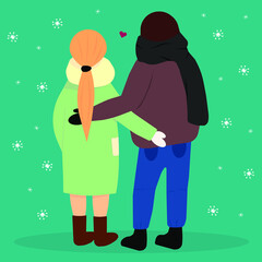 Romantic couple in love hugging in winter. Stylish Christmas postcard. Vector illustration