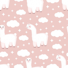 Seamless pattern with funny llama, clouds and stars on a pink background. Vector illustration suitable for baby texture, textile, fabric, poster, greeting card, decor. Cute alpaca from Peru.