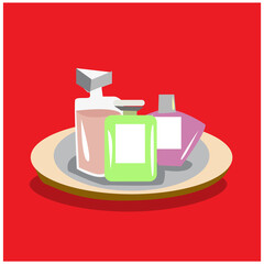 Vector illustration perfume, perfume bottle placed on a plate, on a red background, worship god, festival, temple, shrine