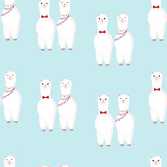 Seamless pattern with lamas lovers on a blue background. Vector illustration suitable for baby texture, textile, fabric, poster, Valentines day greeting card, decor. Cute alpaca from Peru. © Irina Anashkevich