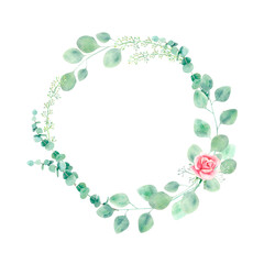 Watercolor isolated floral wreath with eucalyptus and pink rose. Hand drawn botanical round frame with eucalyptus branches and gentle flower for prints, textile, logo and wedding decoration. 