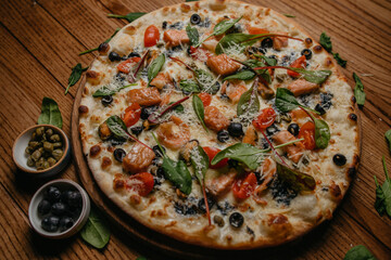 pizza with mussels and salmon