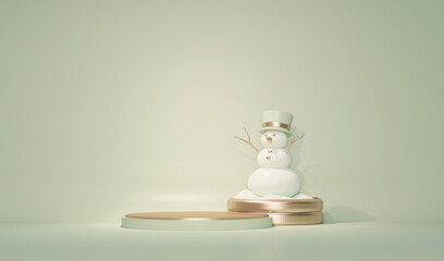 Minimal scene with snowman and golden, pastel blue background. Podium, stand for christmas holiday winter concept and poster, banner, cover card, brochure, studio, mockup. 3d render